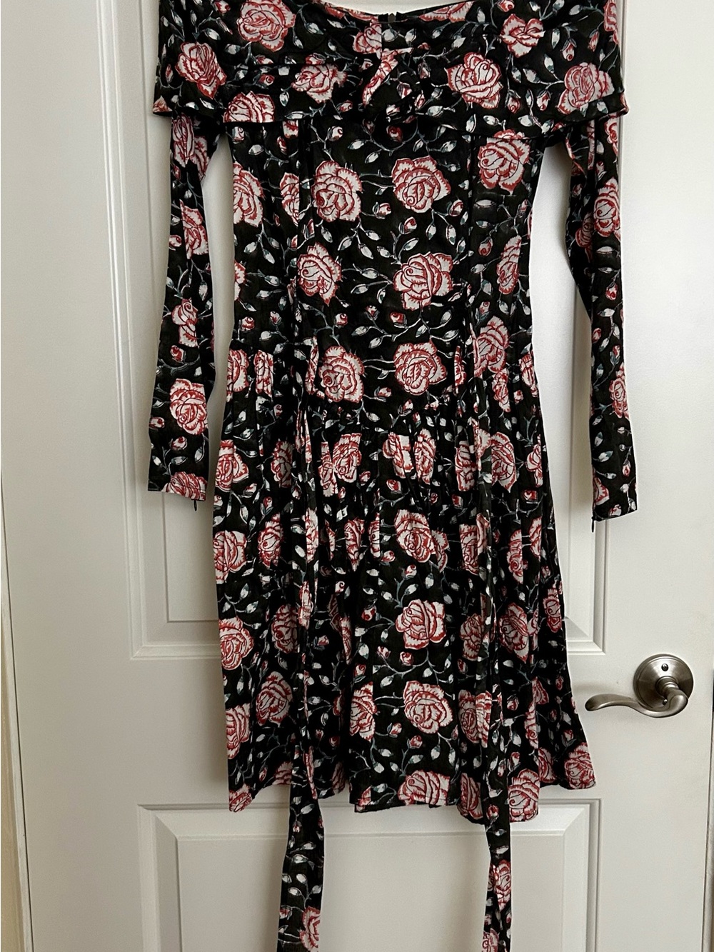 Batsheva Black Dress with Pink Rose Print and Long Sleeves